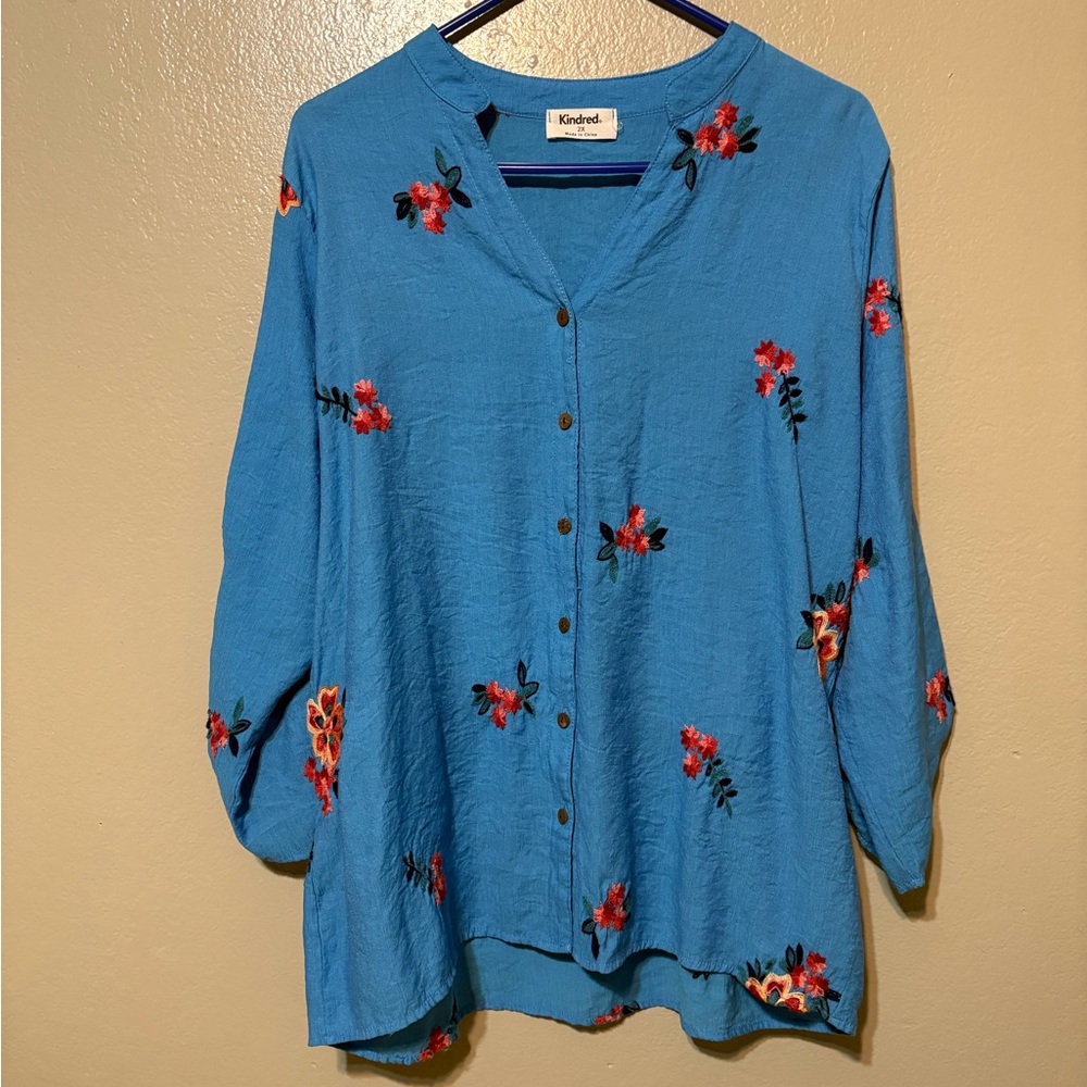 Kindred Blue Embroidered Floral Button-Down Shirt Size 2X